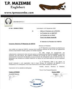 Lettre TP Mazembe, retrait ADFCO 